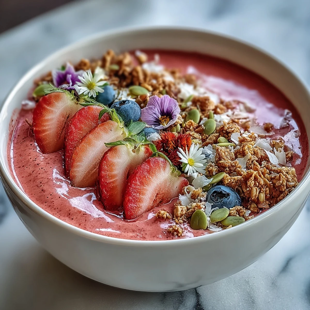 Un vibrante tazón de smoothie de fresa con granola crujiente y frutas frescas, perfecto para un brunch festivo con amigas.