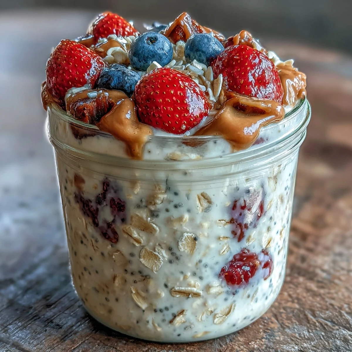 2. Avena nocturna con fresas, arándanos y un remolino de mantequilla de almendras, ideal para mañanas ocupadas.  