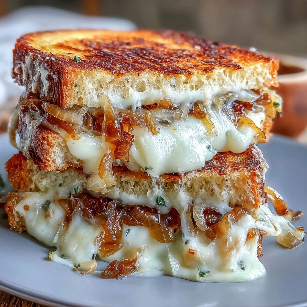 Sándwich gourmet de queso fundido con cebollas caramelizadas y Gruyere en pan de masa madre crujiente.
