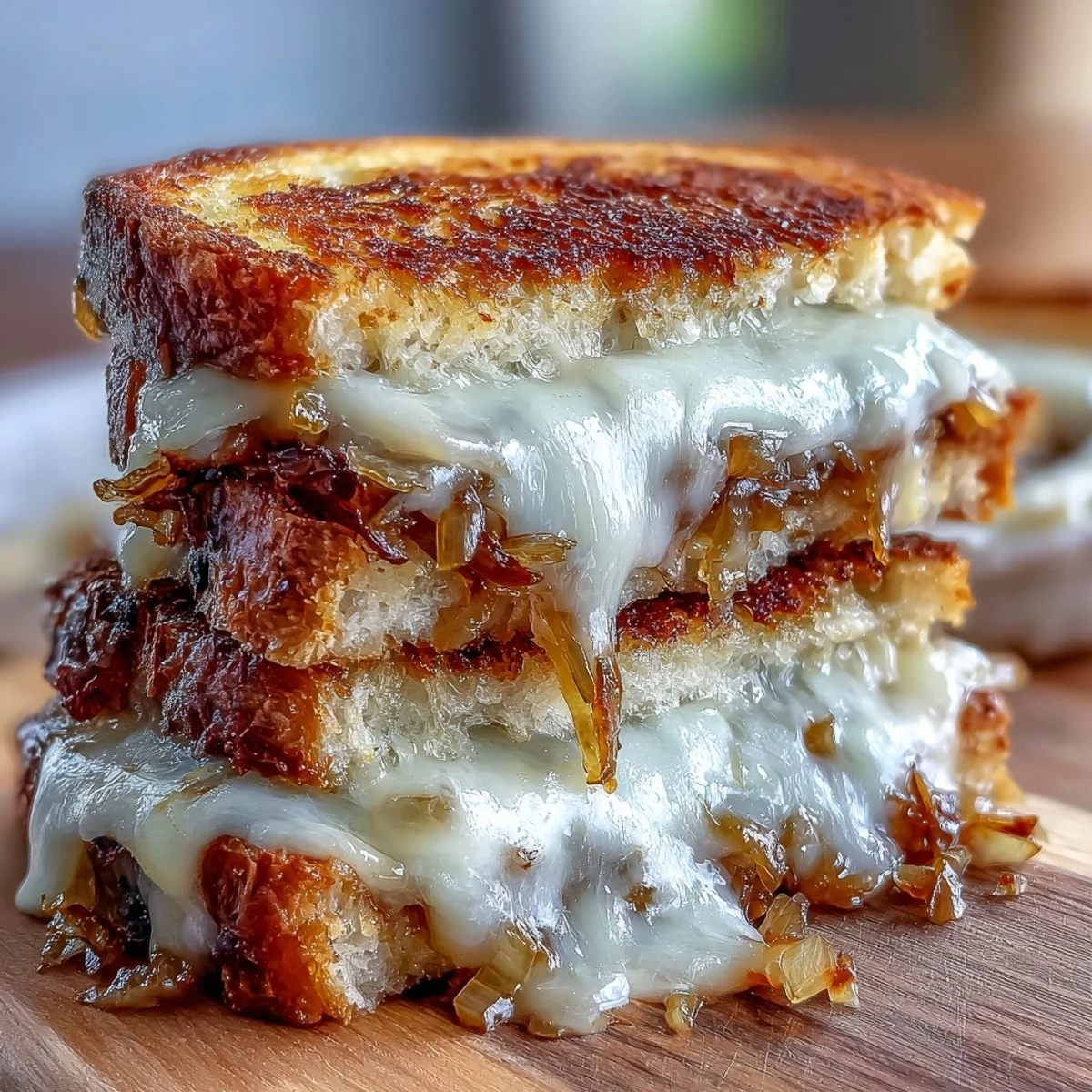 Pan de masa madre dorado y crujiente relleno de queso Gruyere derretido y cebollas dulces caramelizadas.