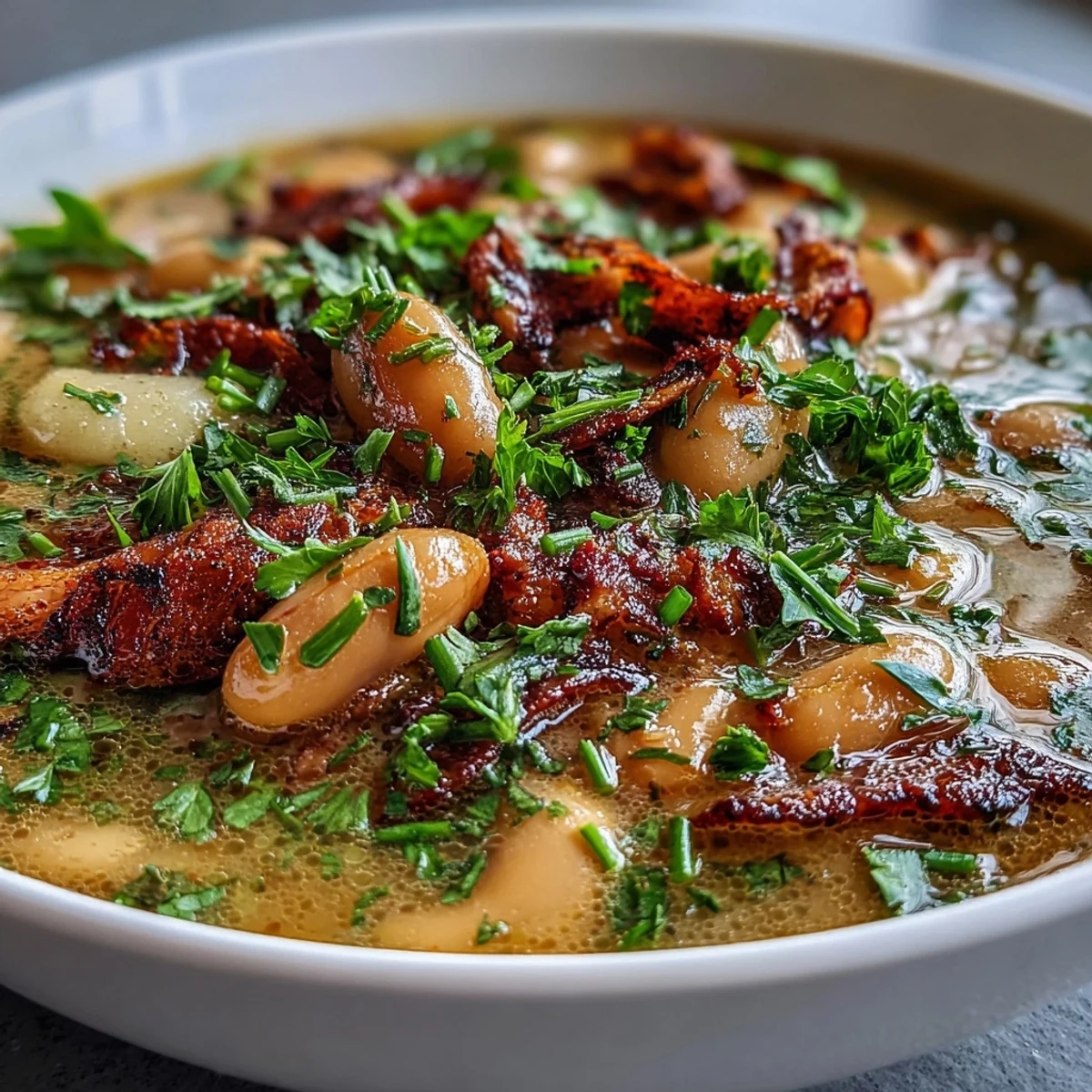 Plato de sopa de jamón y alubias con hierbas frescas, adornado con perejil y cebollino picado.