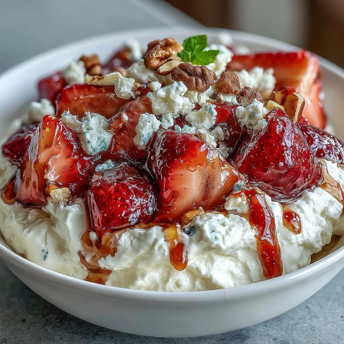 Cuenco de queso cottage con fresas y miel, decorado con frutas frescas y nueces para un desayuno saludable.  