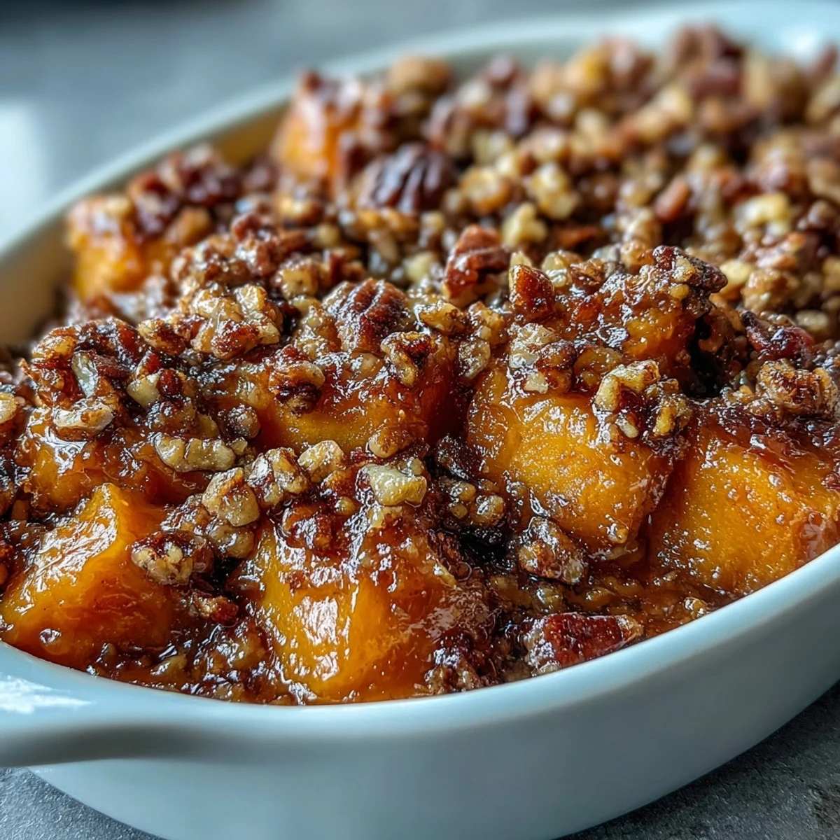 1. Candied yams casserole with pecan streusel topping, golden and bubbling from the oven, perfect for holiday feasts.  