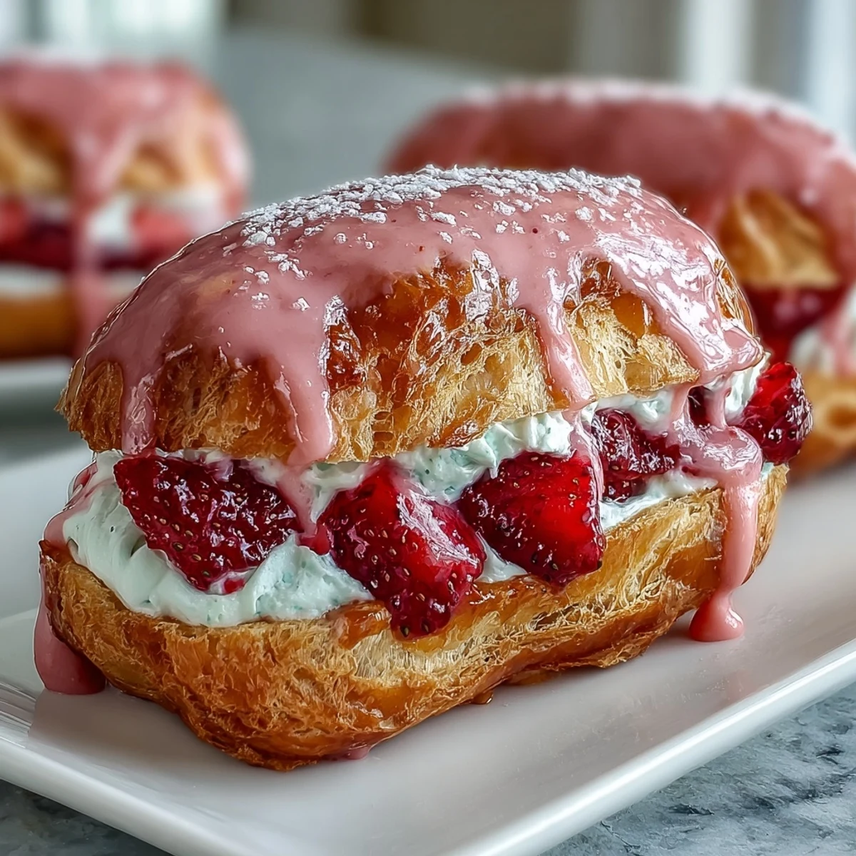 Deliciosos éclairs de San Valentín rellenos de crema de fresa y cubiertos con glaseado rosa brillante.  