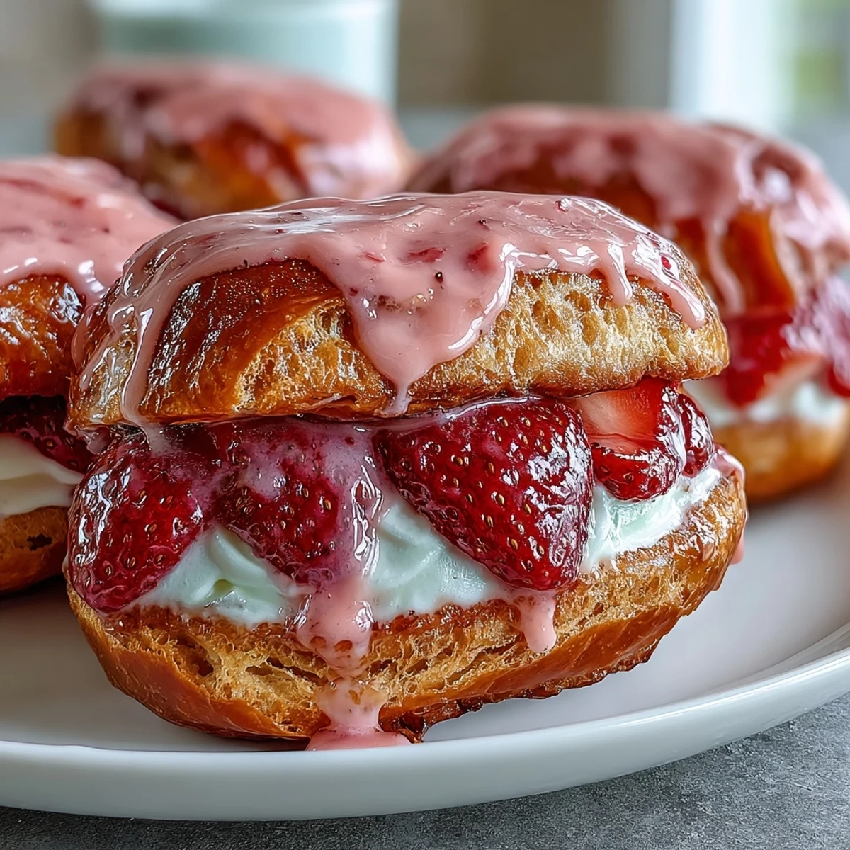 Éclairs ligeros y esponjosos con relleno cremoso de fresa, perfectos para un postre romántico.  