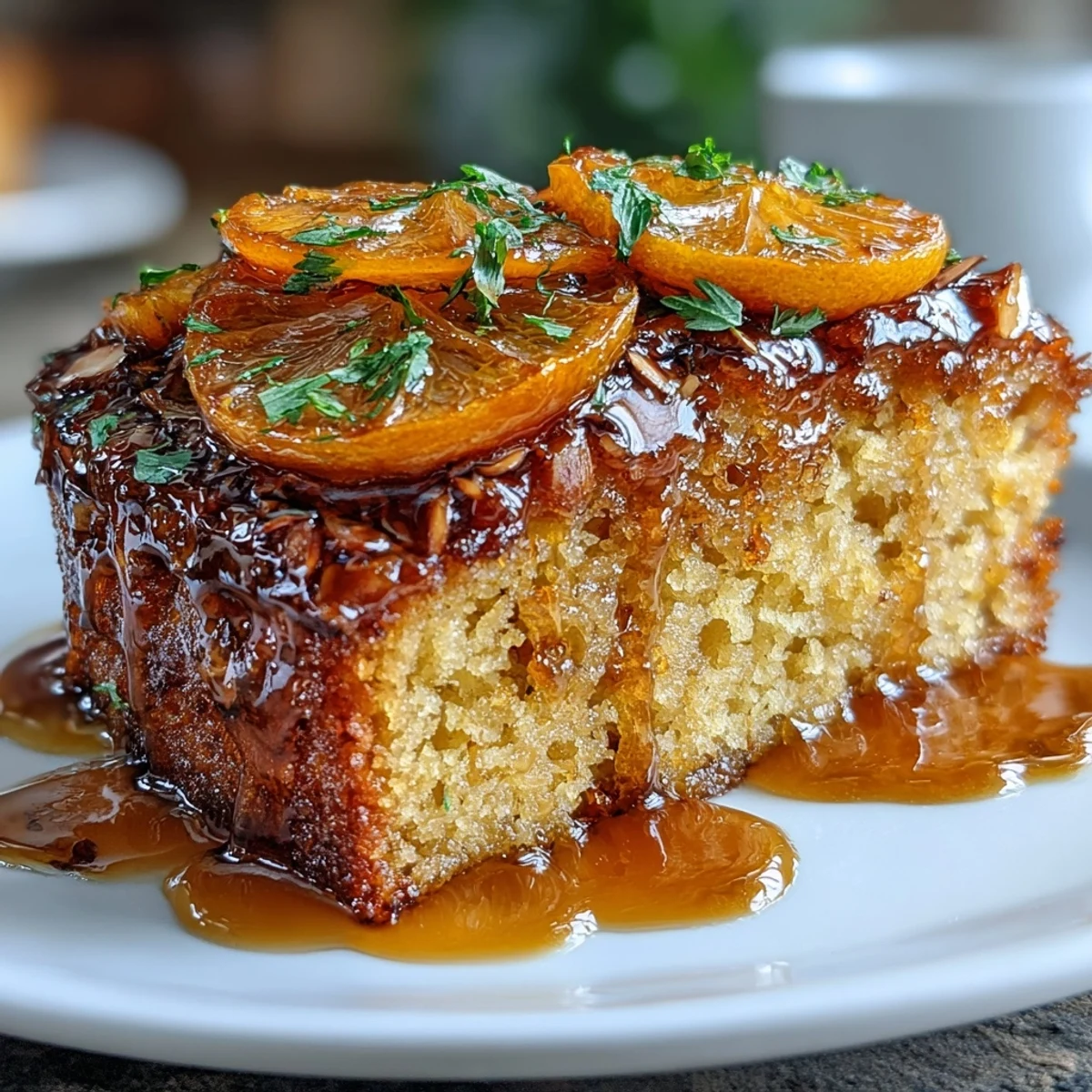 3. Pastel mediterráneo de almendras con naranjas caramelizadas, decorado con almendras fileteadas y azúcar glas.