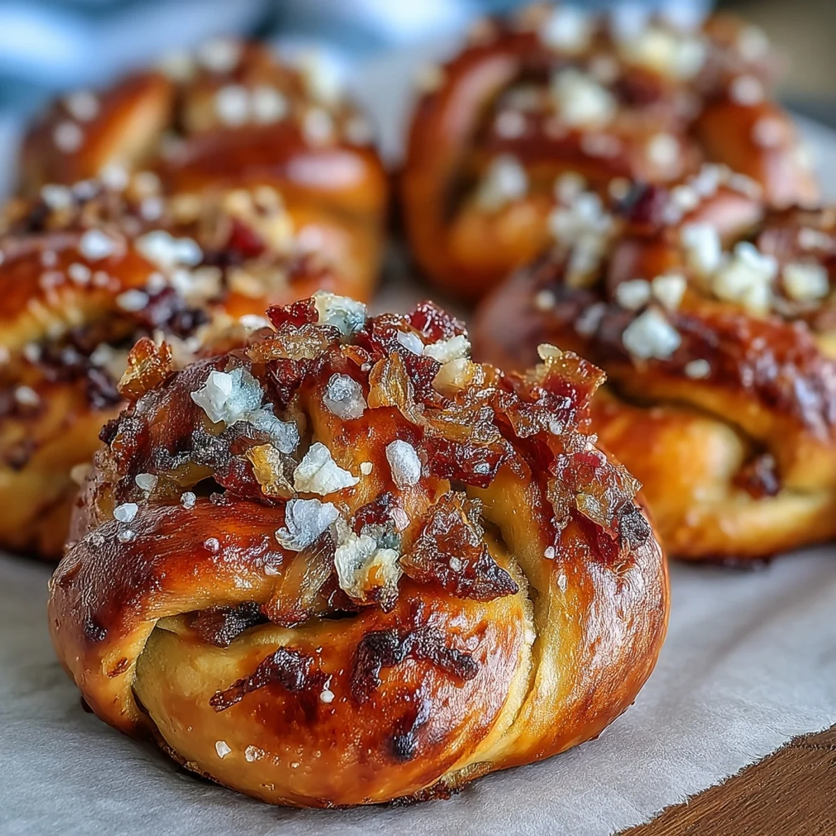Pretzel bites de masa madre con cebolla caramelizada dorados y esponjosos en una bandeja de horno.  