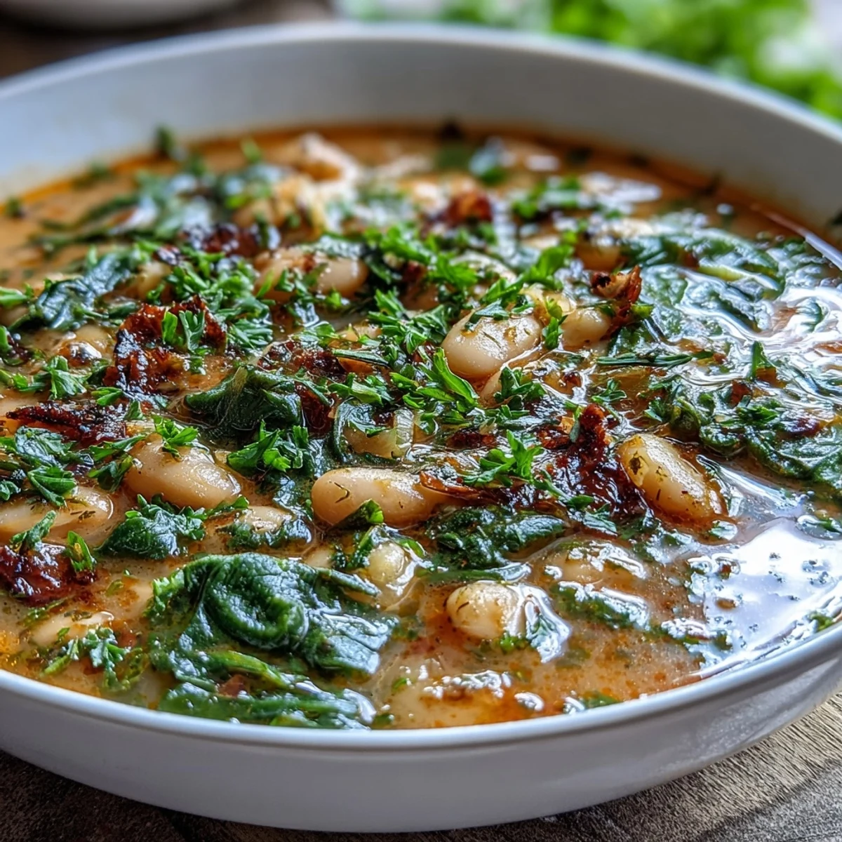 Tazón humeante de sopa cremosa de frijoles blancos con verduras frescas y hierbas, servido con pan de ajo tostado.  