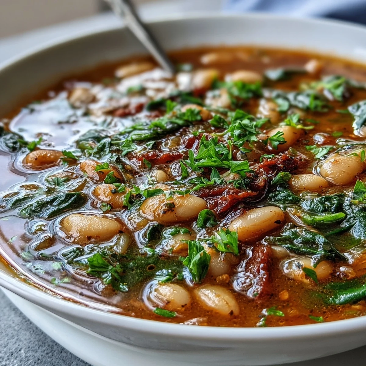 Plato de sopa toscana de frijoles blancos, rica y aromática, con pan de ajo recién horneado y dorado al lado.