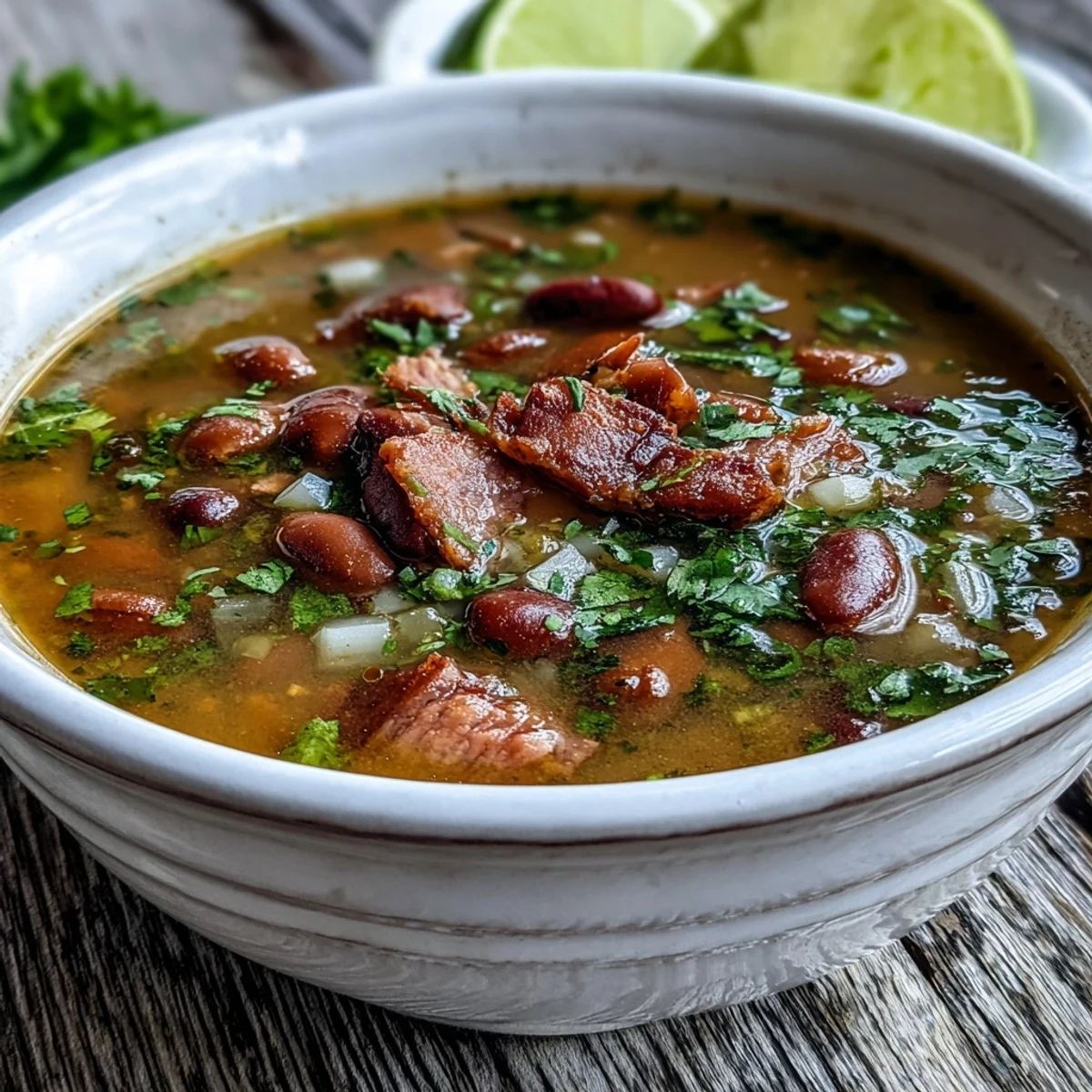 Un tazón humeante de sopa de jamón y frijoles pintos con verduras frescas y especias Tex-Mex.
