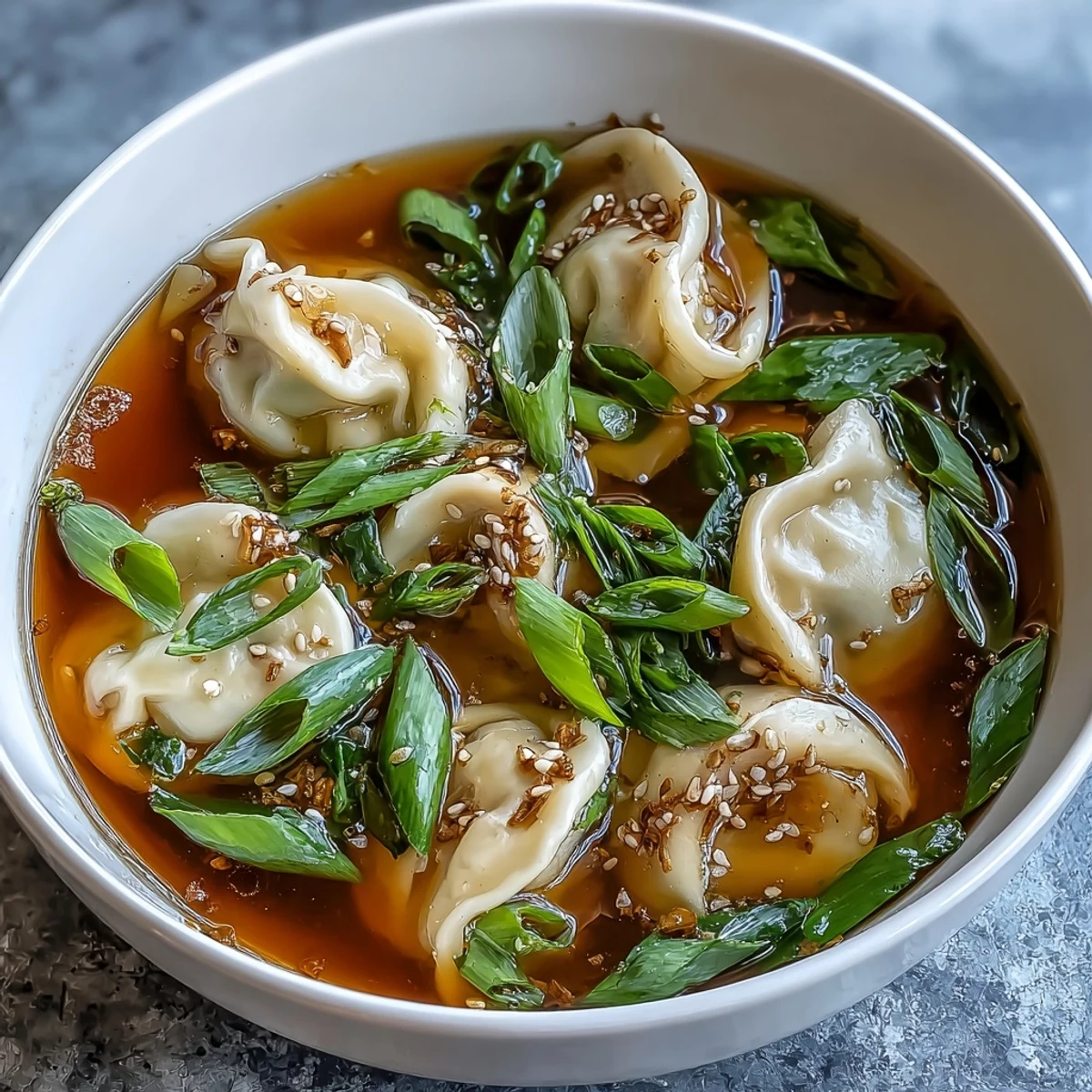 Sopa de dumplings con pollo y cebollín, servida en un tazón blanco, con dumplings dorados y caldo claro y sabroso.  