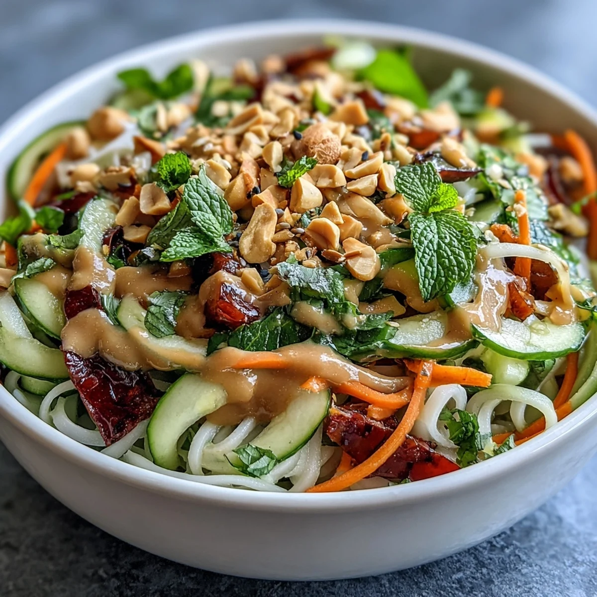 1. Vibrant Asian Spring Roll Bowl with Peanut Sauce, packed with crisp vegetables, rice noodles, and creamy peanut drizzle.  