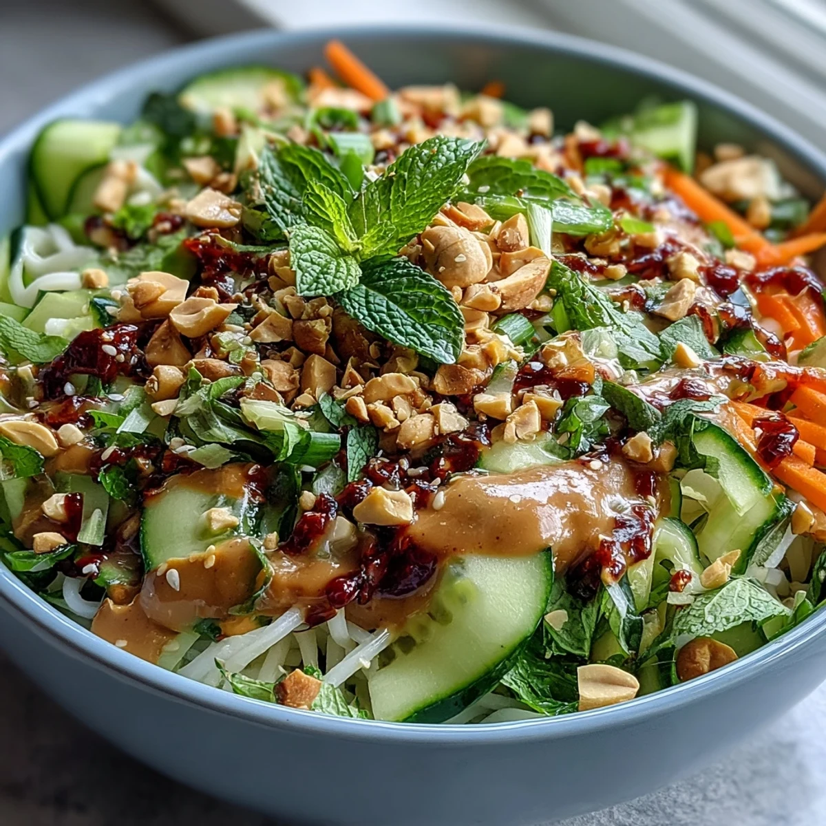 2. Fresh and colorful Asian Spring Roll Bowl with Peanut Sauce, featuring crunchy veggies, fragrant herbs, and a rich, nutty dressing.  