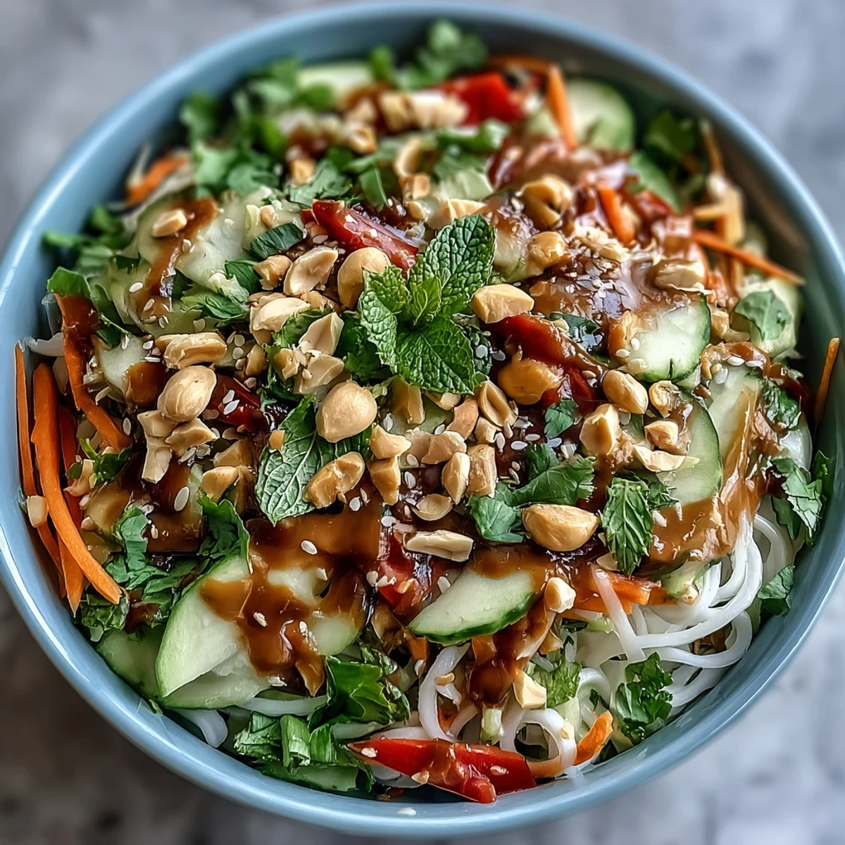 3. Deconstructed Asian Spring Roll Bowl with Peanut Sauce, layered with julienned carrots, cabbage, tofu, and a luscious peanut topping.