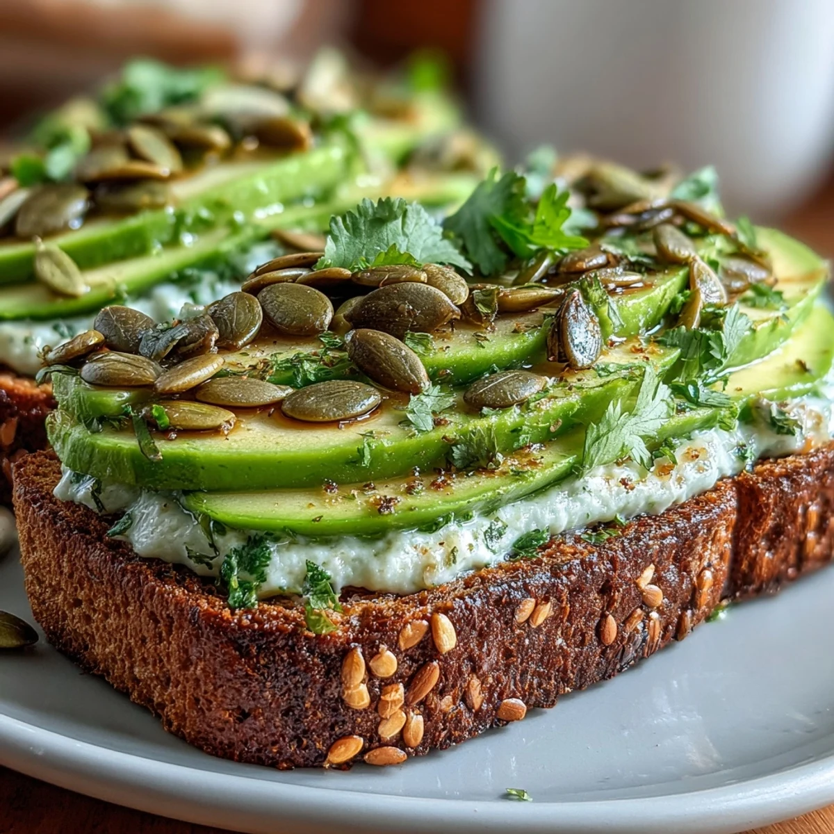 3. Healthy breakfast toast featuring ripe avocado, tart green apple, and roasted pumpkin seeds, garnished with fresh cilantro for a burst of flavor.