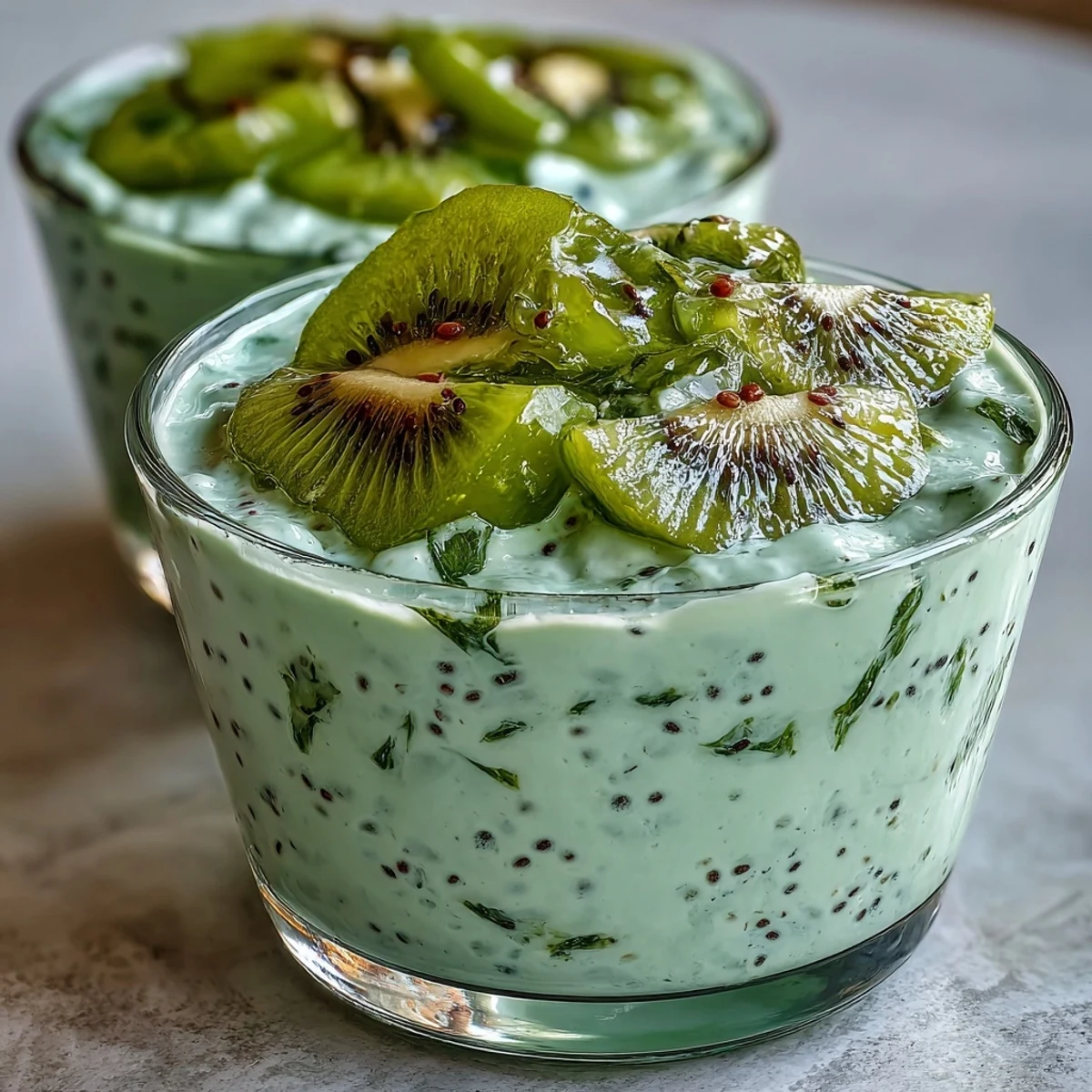 1. Vibrant kiwi and lime chia pudding cups with creamy coconut milk, fresh kiwi slices, and a tangy lime zest garnish for a healthy vegan treat.  
