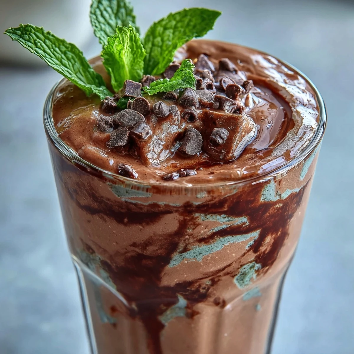 Batido de proteína de chocolate con menta y banana congelada, ideal como desayuno o recuperación post-entrenamiento.
