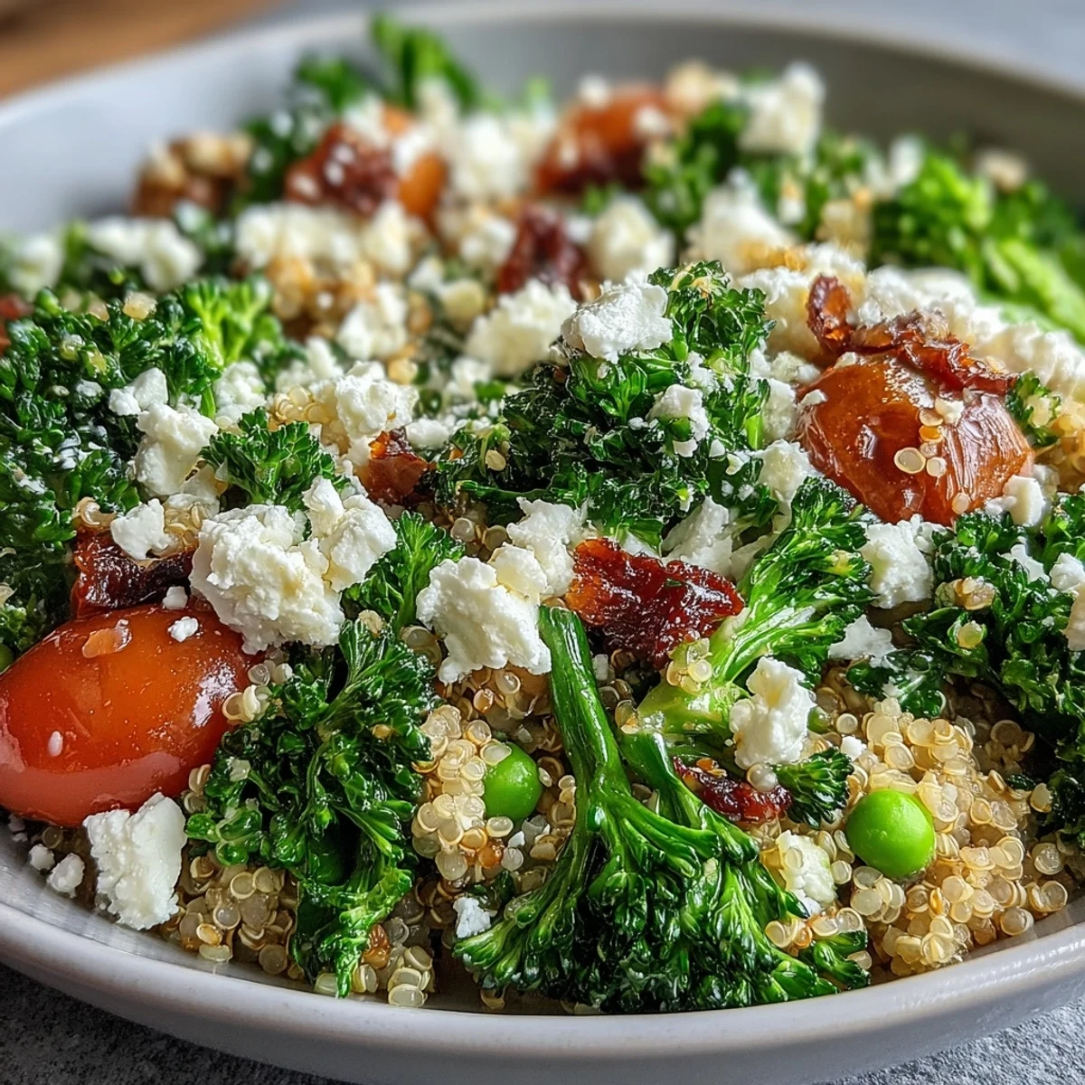 Plato de quinoa con brócoli, guisantes y queso feta — una ensalada de grano colorida y nutritiva con verduras frescas y queso desmenuzado.  