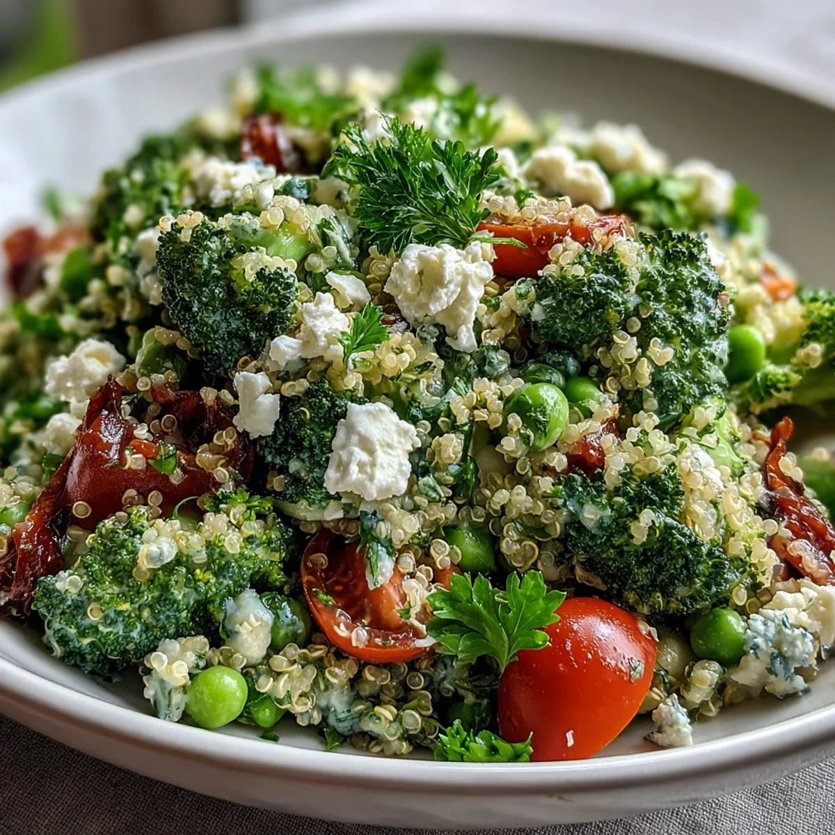 Tazón de grano vegetariano con quinoa, brócoli tierno, guisantes dulces y feta — una comida ligera y rica en proteínas.  