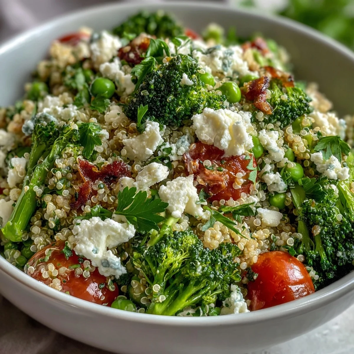 Plato principal saludable de quinoa con brócoli, guisantes y feta — perfecto para un almuerzo nutritivo y sin gluten.
