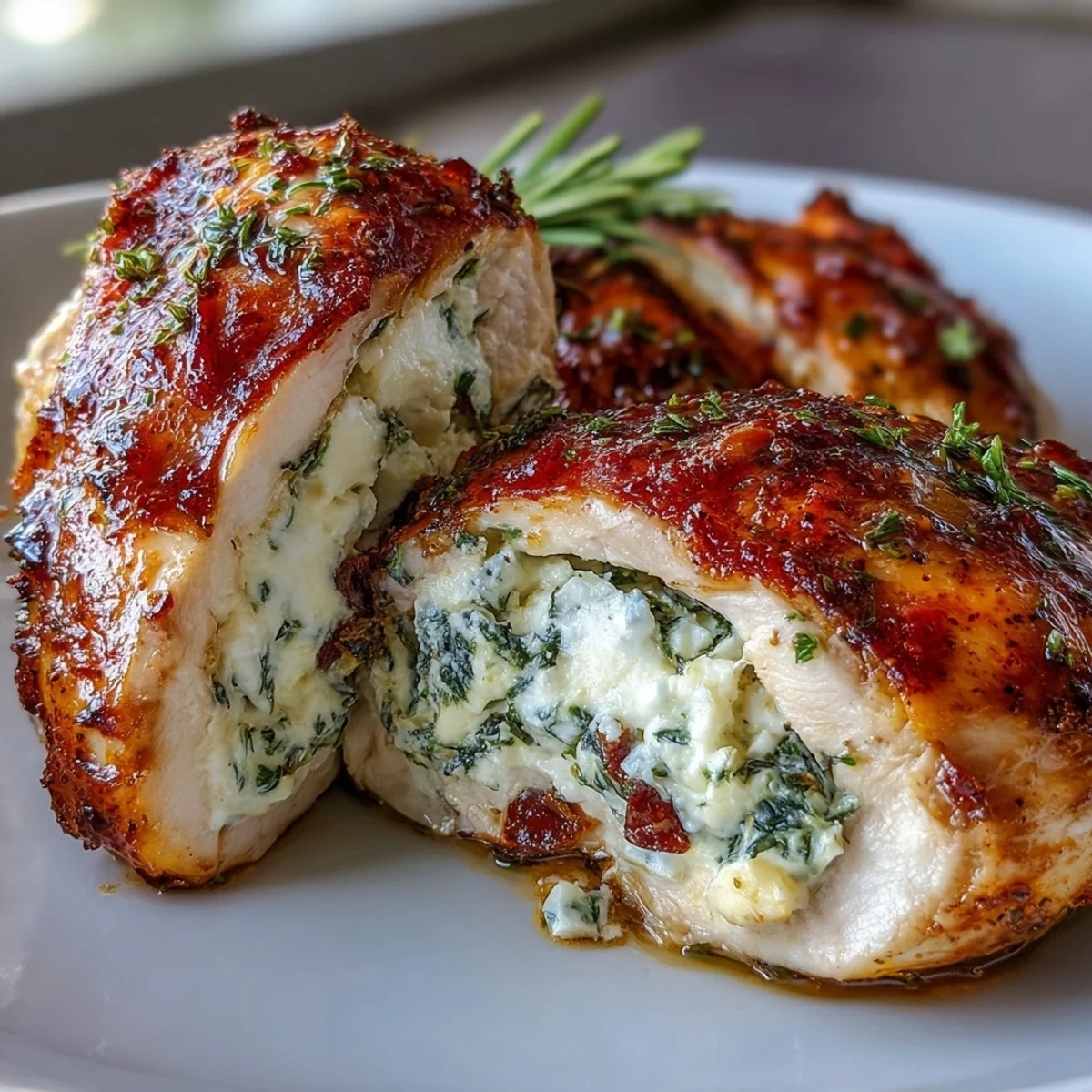 Elegante plato principal de pollo relleno con espinacas y feta, perfecto para ocasiones especiales.