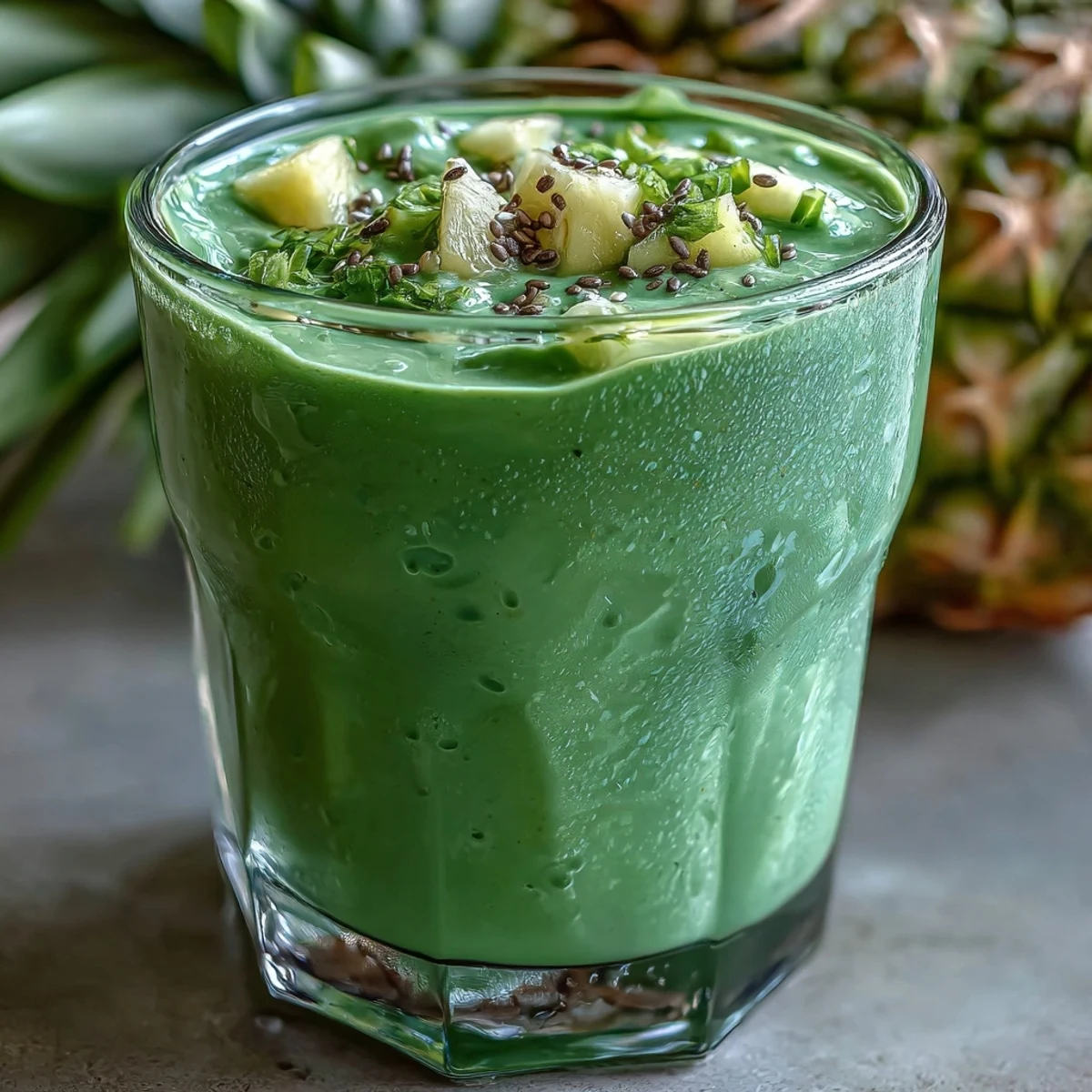 Batido verde de trébol con piña y espinacas, cremoso y lleno de vitaminas, perfecto para un desayuno energético.  