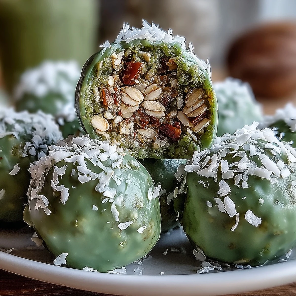 2. Wholesome no-bake energy balls featuring matcha, coconut, and oats, perfect for a quick, healthy pick-me-up.  