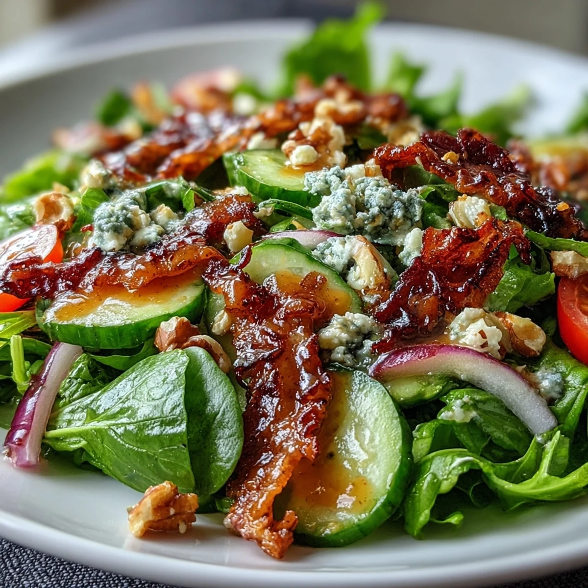 Ensalada de verduras de primavera con aderezo de miel y mostaza, fresca y crujiente, con tomates cherry y nueces tostadas.
