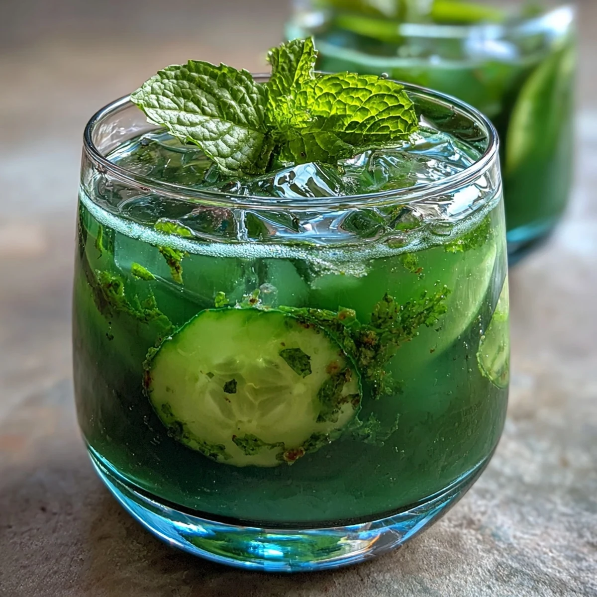 Vasos de cristal con jugo detox de pepino, manzana y jengibre, decorado con rodajas de limón y menta.  