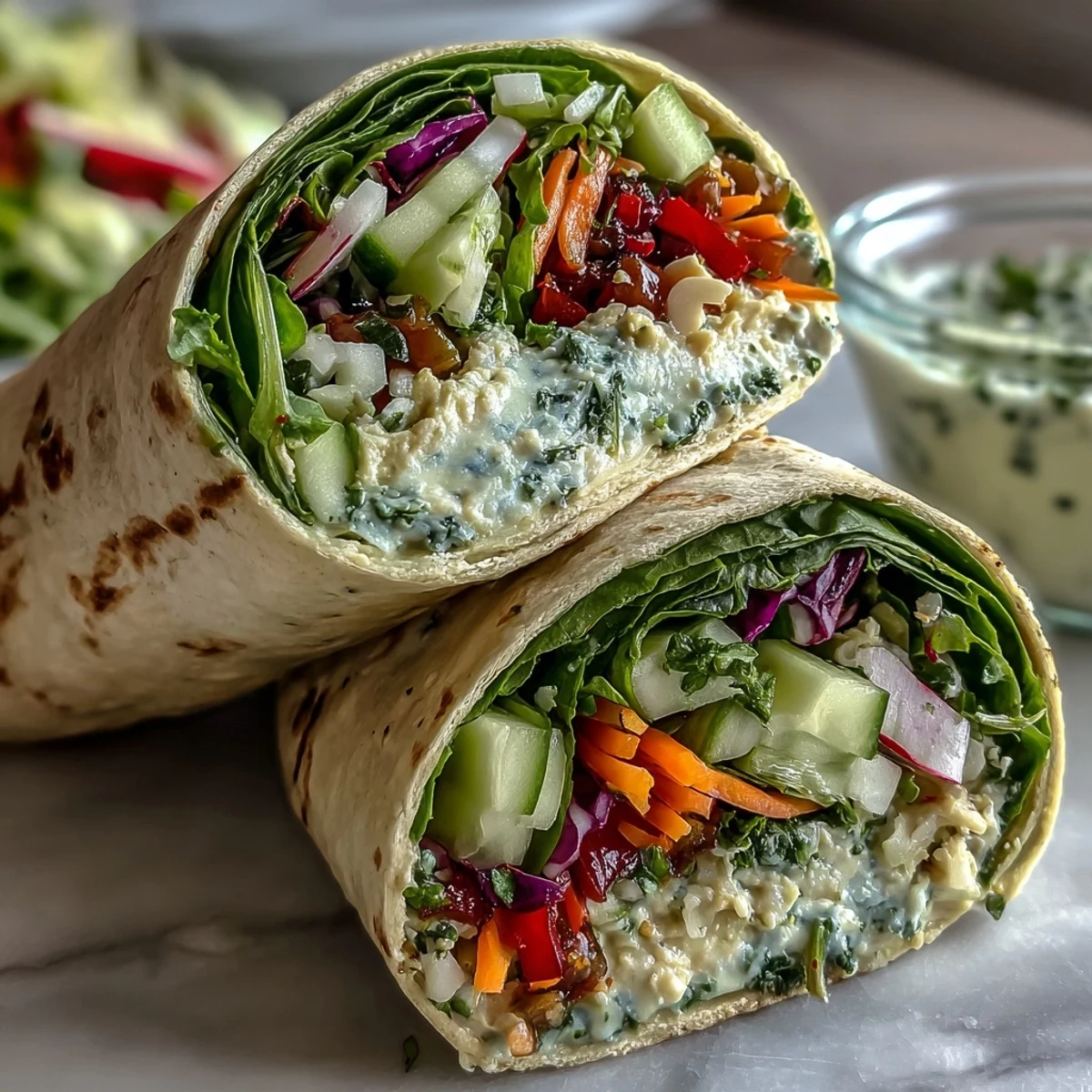 Deliciosos wraps de verduras primaverales con hummus y tortillas de espinaca, coloridos y frescos para una comida saludable.