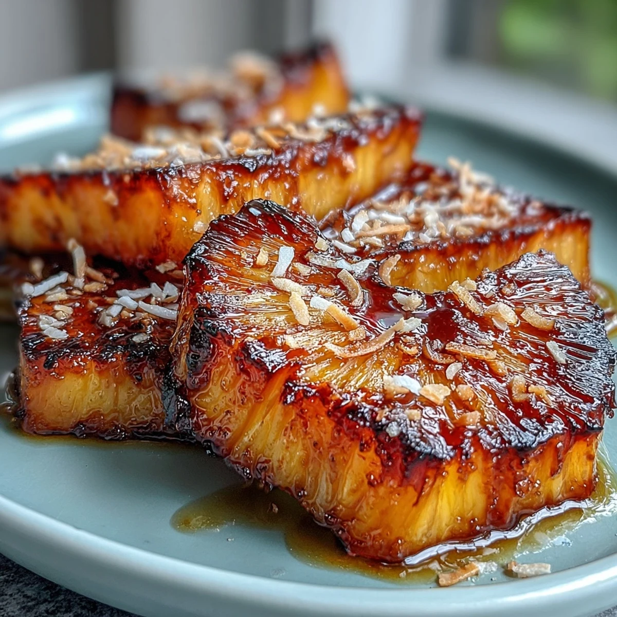 3. Postre de piña asada jugosa con toque cítrico de lima, finalizado con coco tostado fragante.