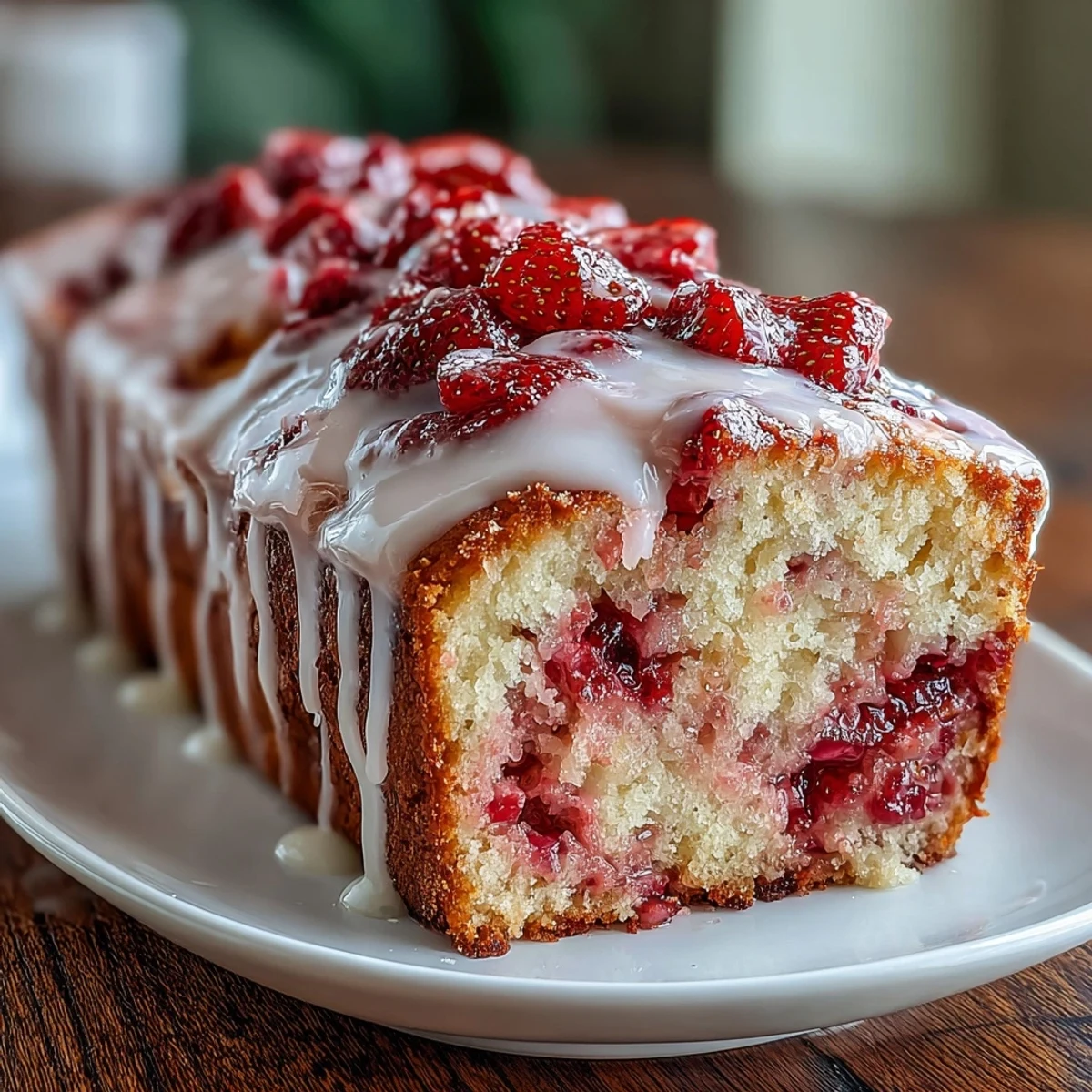 Bizcocho de libra con espiral de fresa y glaseado de vainilla, ideal para reuniones de té o meriendas.