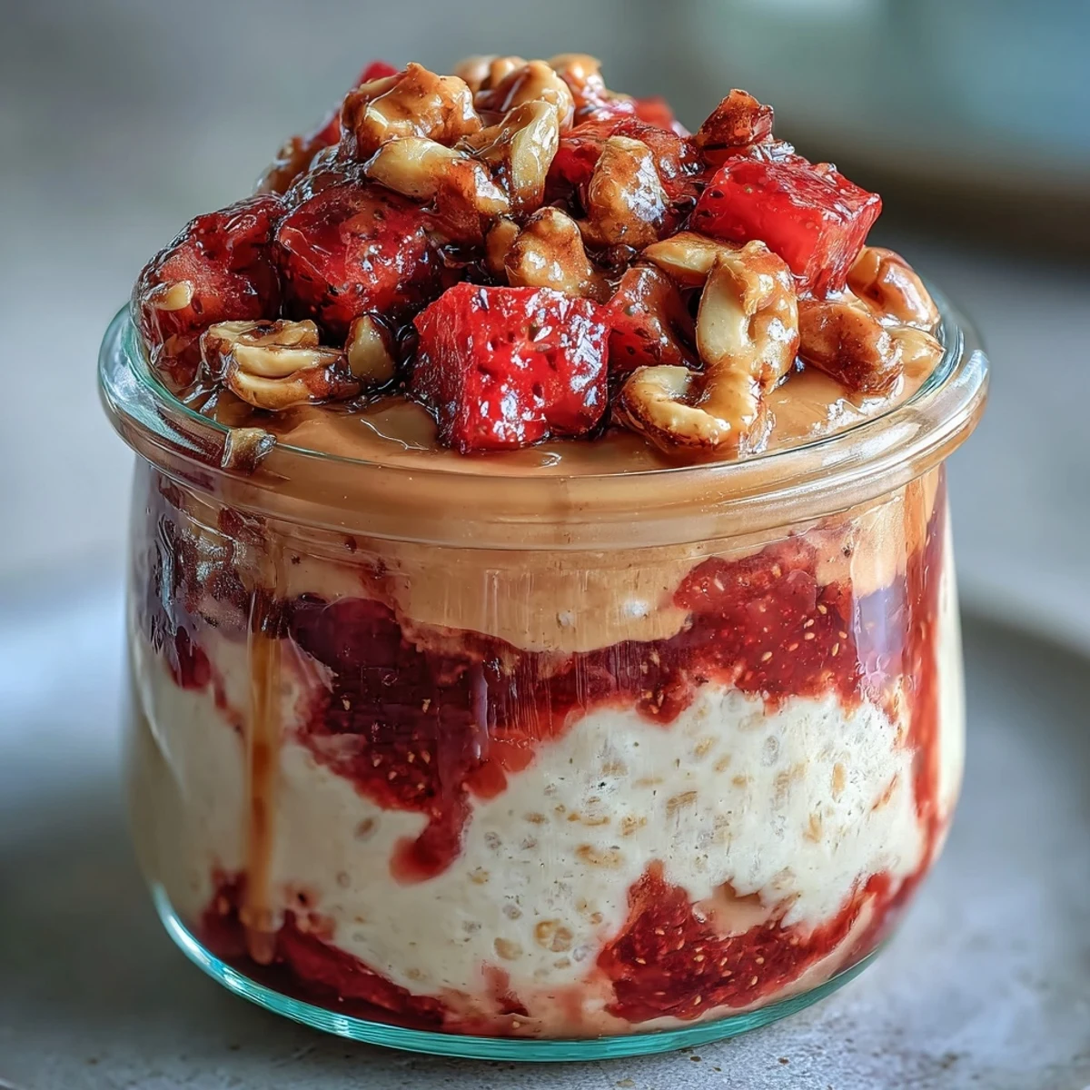 Avena preparada con anticipación, rica en proteínas, con capas de fresa y mantequilla de maní, terminada con frutos rojos y maní picado.