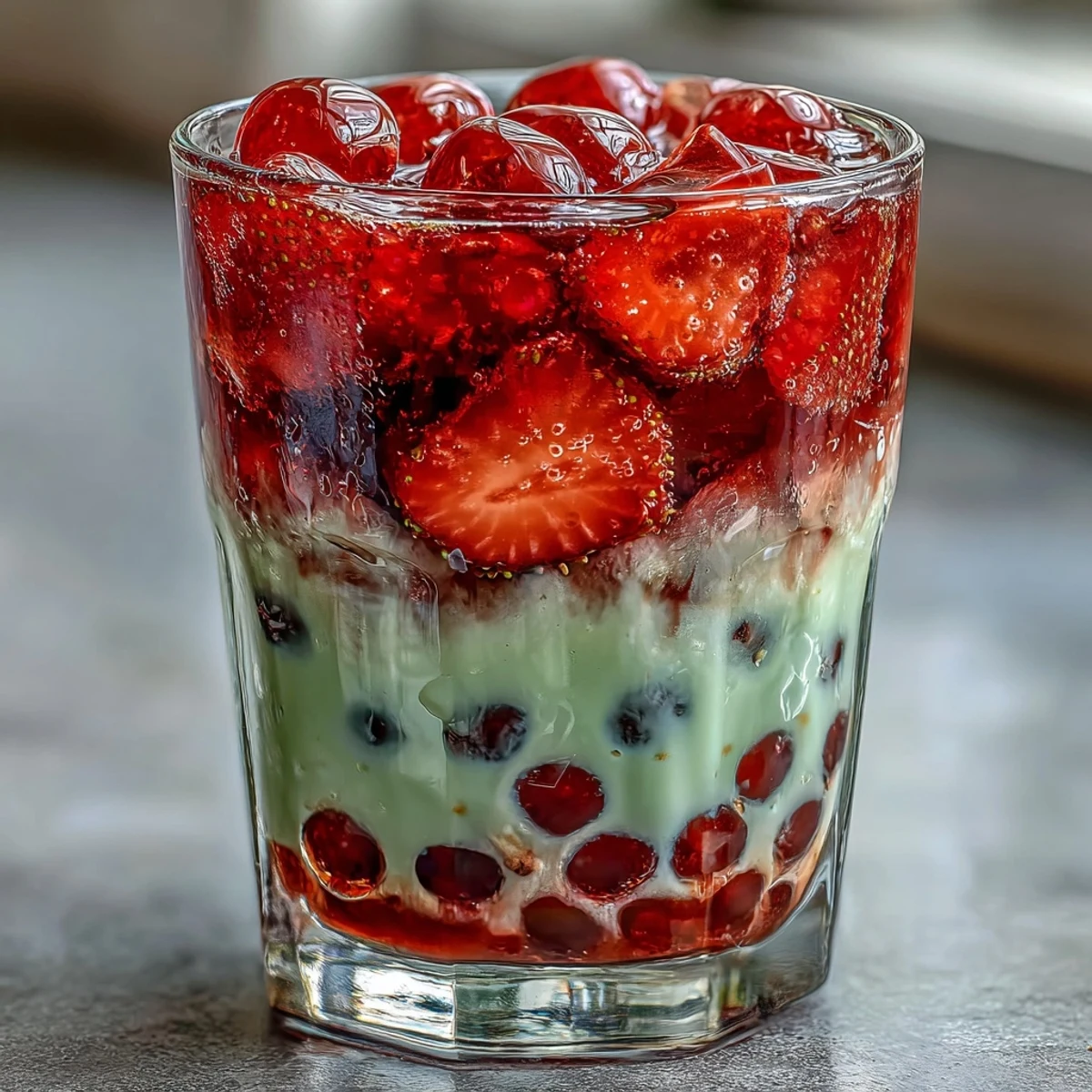 2. Bebida vibrante y dulce inspirada en el boba, con fresas puré, leche de matcha y perlas de tapioca, servida con hielo en un vaso alto.