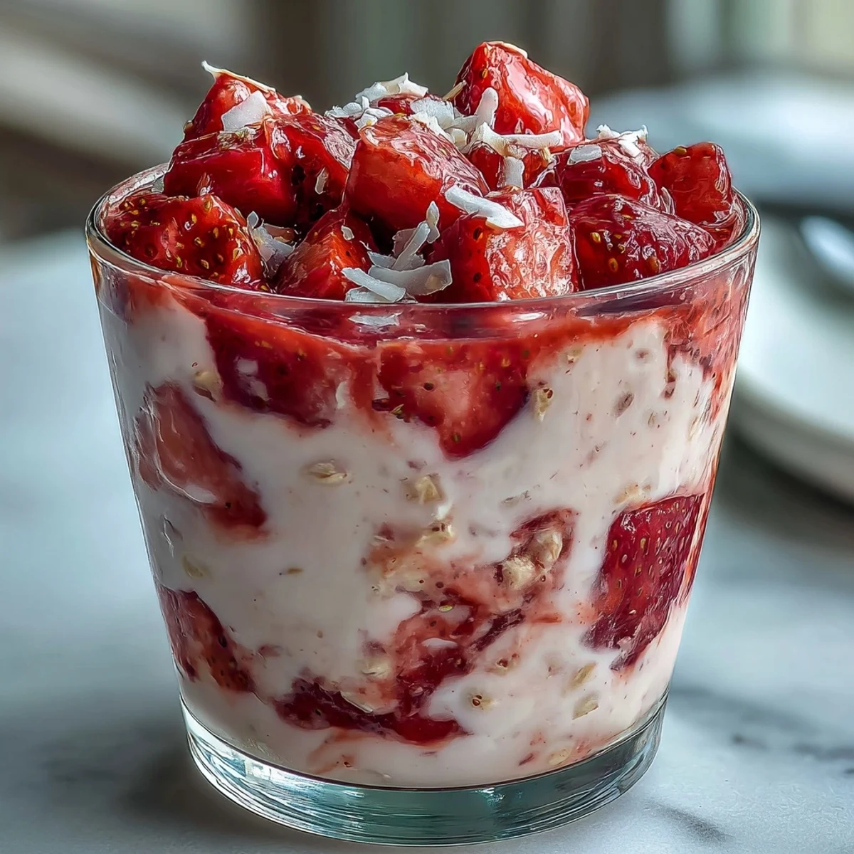 Frasco de avena nocturna con fresas y coco cremoso, cubierto con yogur y coco rallado.  