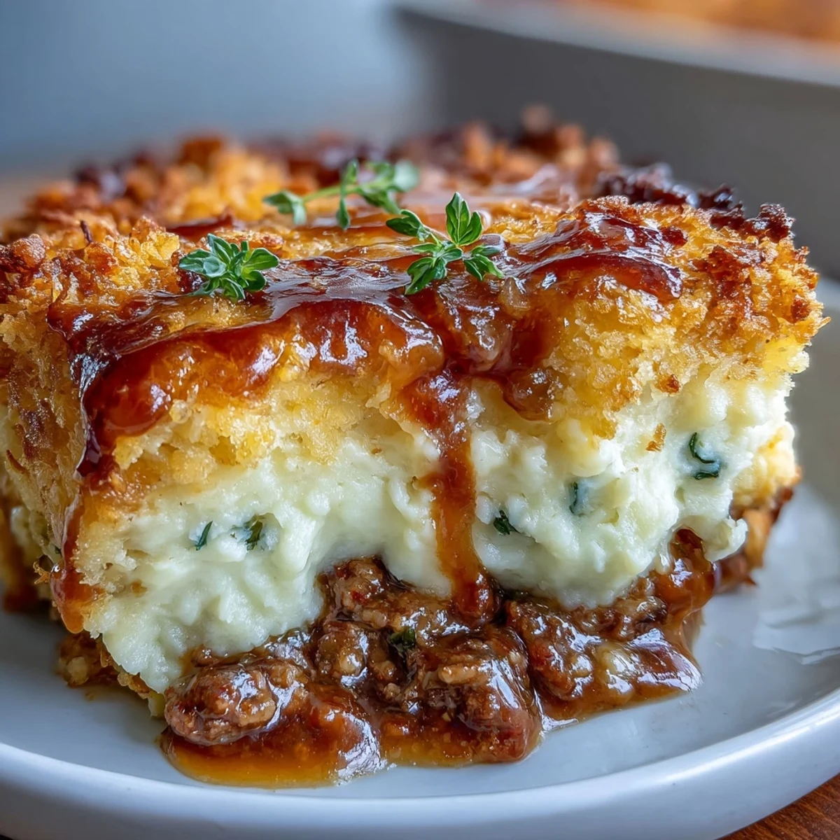 Cazuela americana de funeral potatoes con carne, vegetales y topping crujiente, lista para hornear.