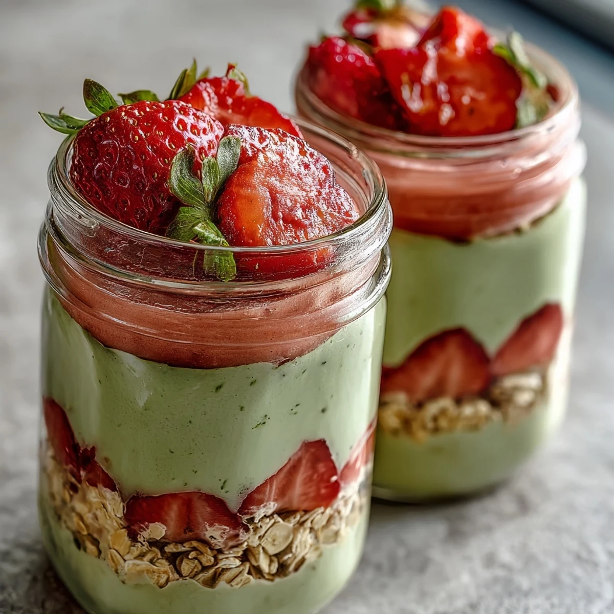 Avena nocturna con capas de matcha y fresa en frascos de cristal, decorada con fresas en rodajas y un toque de limón para un sabor refrescante.