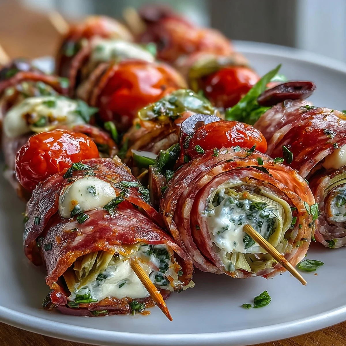 Sabrosos pinchos de sub italiano con carnes curadas, queso y vegetales marinados, servidos con aioli casero cremoso ideal para picnics.