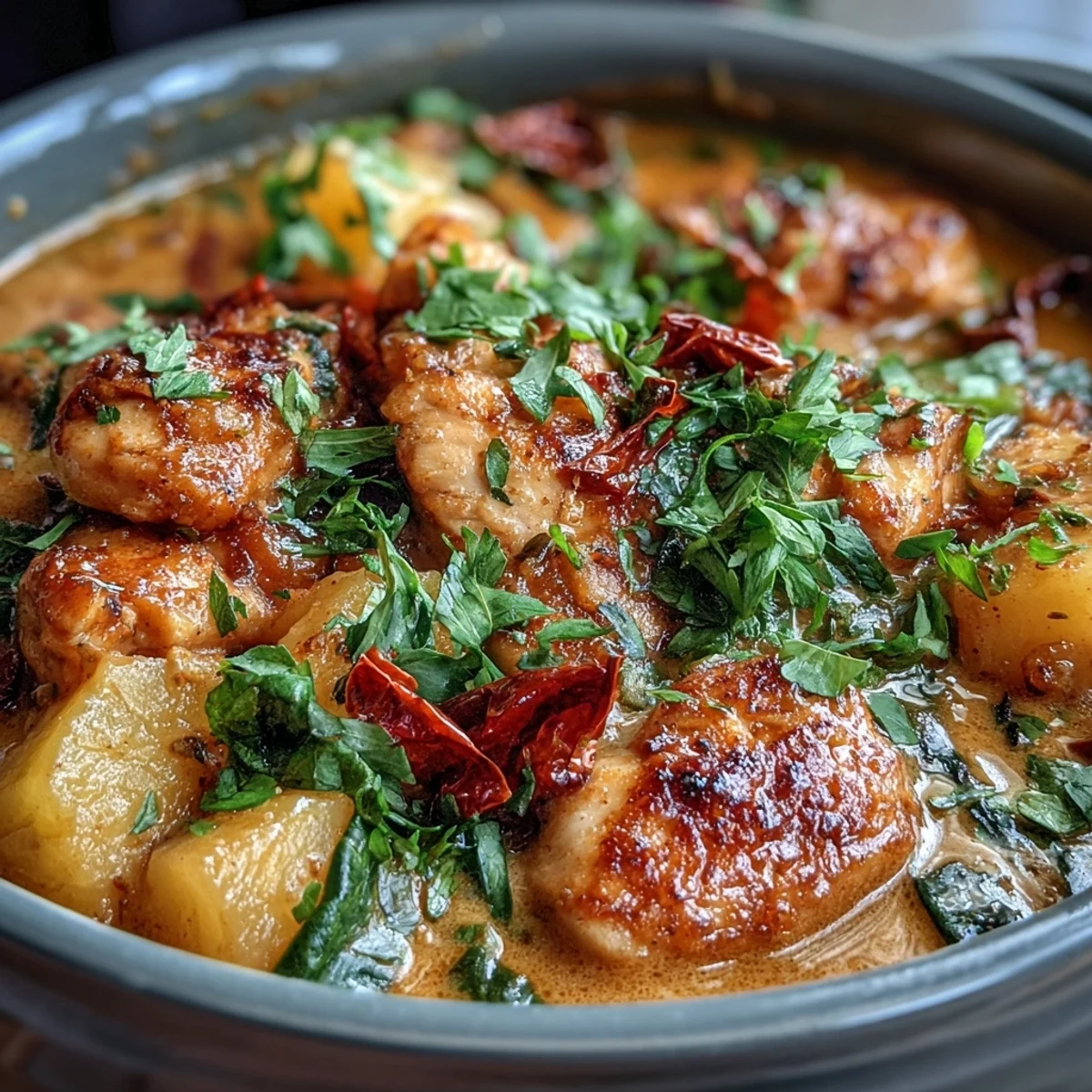 Pollo jugoso y piña caramelizada en un curry cremoso de coco, cocinado en una sola olla, con pimientos coloridos y zanahorias, perfecto para una cena reconfortante.  