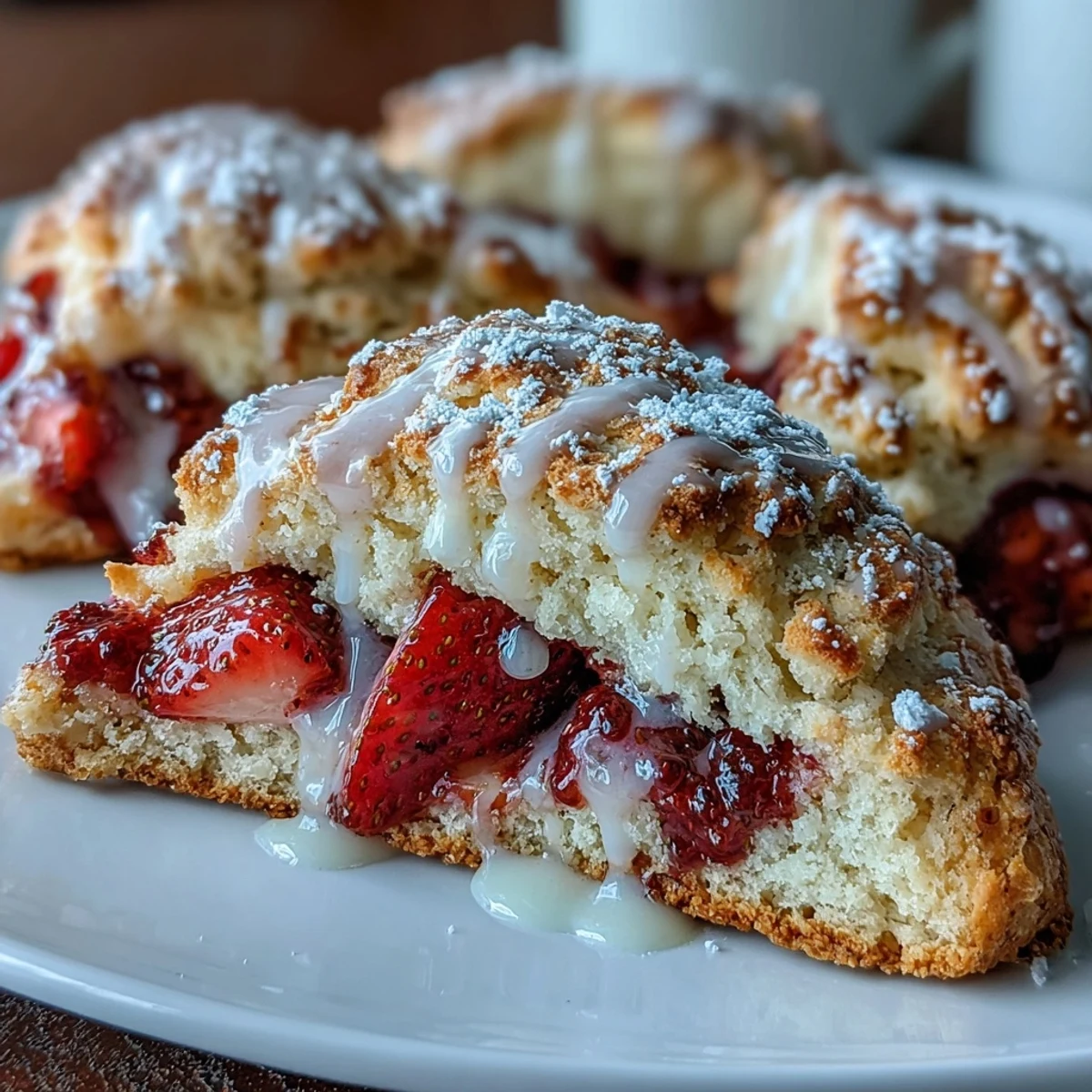 1. Golden lemon glazed strawberry scones topped with fresh berries, perfect for a delightful breakfast or brunch treat.  