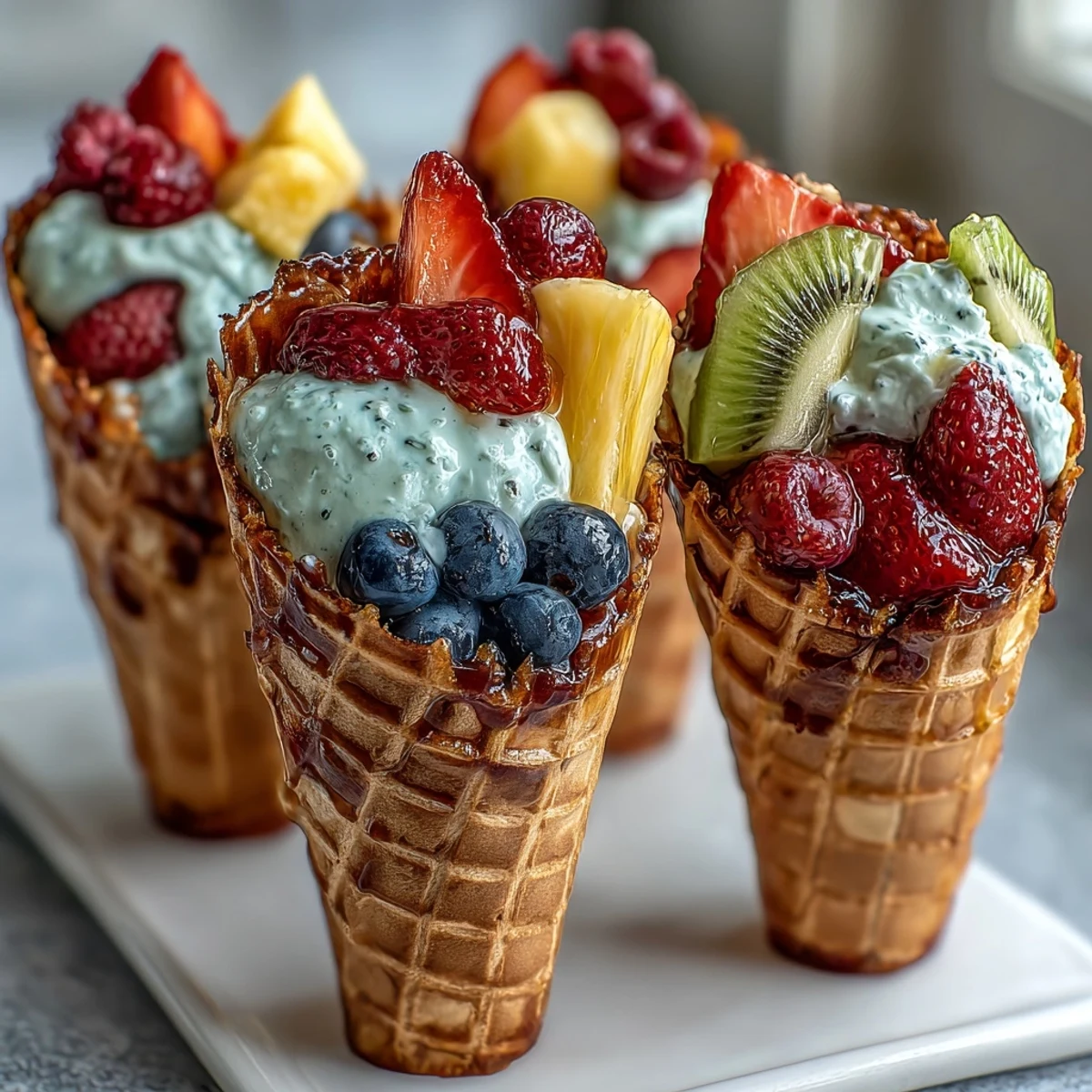 Conos de frutas de fiesta de verano con dip de yogur cremoso, fresas, arándanos y kiwi en conos de waffle crujientes.  