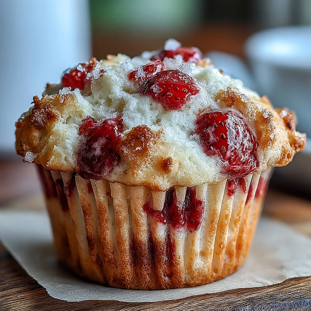 Muffins de yogur y fresa con trozos jugosos y dorados, perfectos para un desayuno dulce y saludable.  