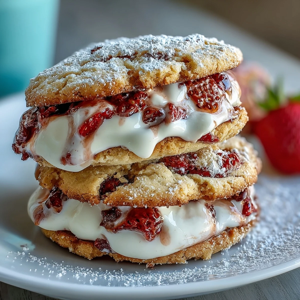Galletas suaves de fresas con crema esponjosa en el centro, perfectas para compartir en reuniones familiares o picnics.
