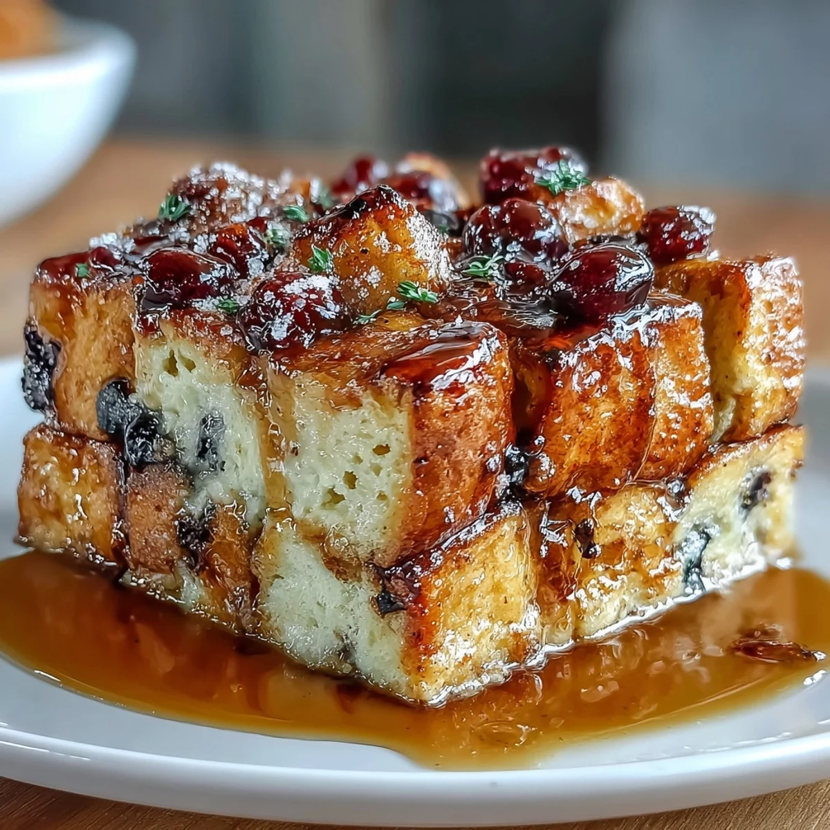 Plato horneado de pan de masa madre, arándanos frescos y limón, perfecto para un desayuno o brunch especial.