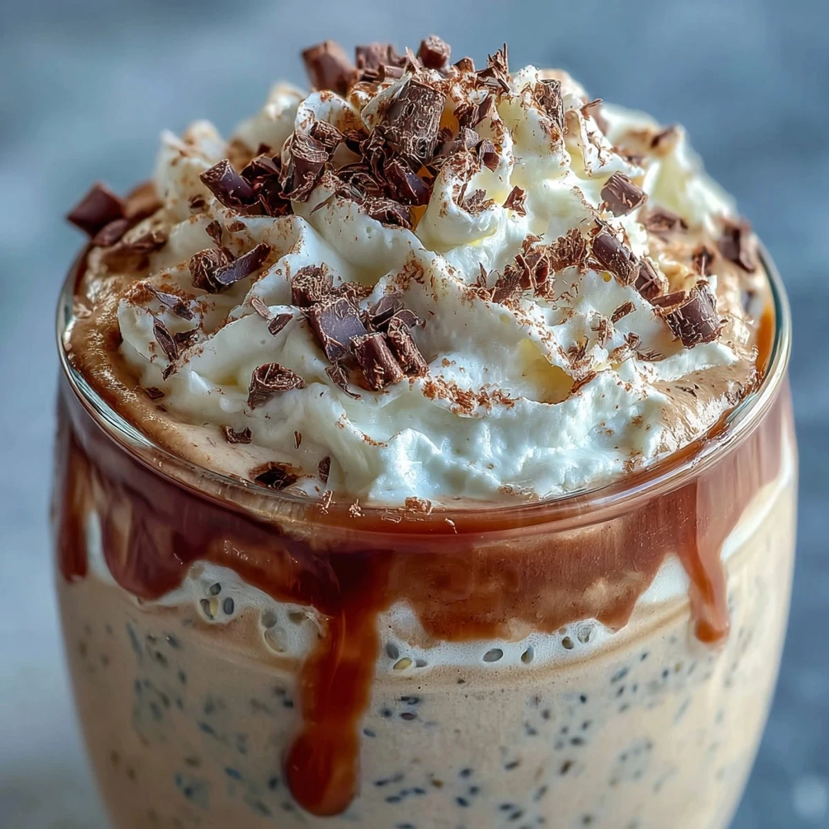 Avena fría inspirada en frappuccino de vainilla, servida en frasco con topping de caramelo y espresso.