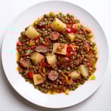 Este estofado de lentejas y chorizo ofrece sabores ahumados; un plato principal español para cenar.