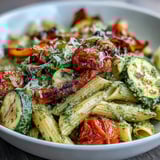 Deliciosa pasta al dente mezclada con calabacín, pimientos y cebolla asados, cubierta con pesto de albahaca y tomates cherry.  