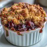 2. Postre individual de bayas mixtas con cobertura crujiente de avena, perfecto para disfrutar con una bola de helado de vainilla.