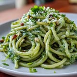 Este plato de pasta con pesto cremoso de aguacate se sirve lleno de sabor.