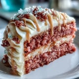 Delicioso pastel de terciopelo rosado infusionado con vino rosado, cubierto con crema de queso y acabado en oro brillante.  